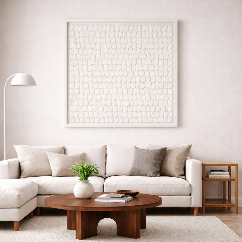 Ivory petal clay shard artwork in white frame