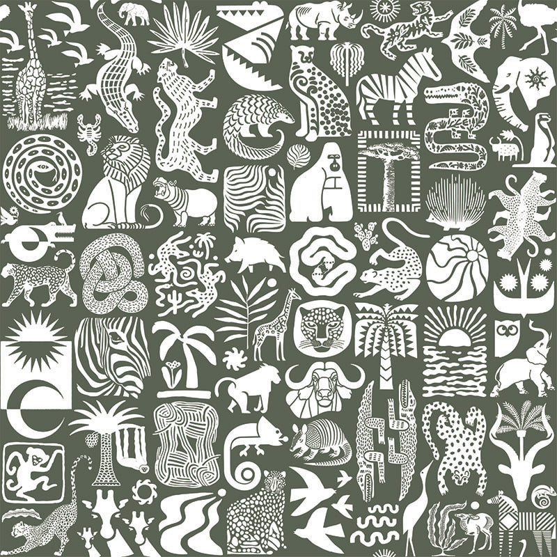 Africa Untamed- White on Khaki Wallpaper