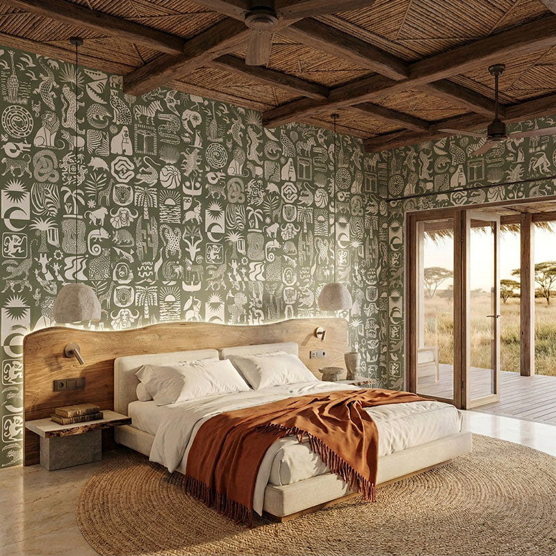 Africa Untamed- White on Khaki Wallpaper