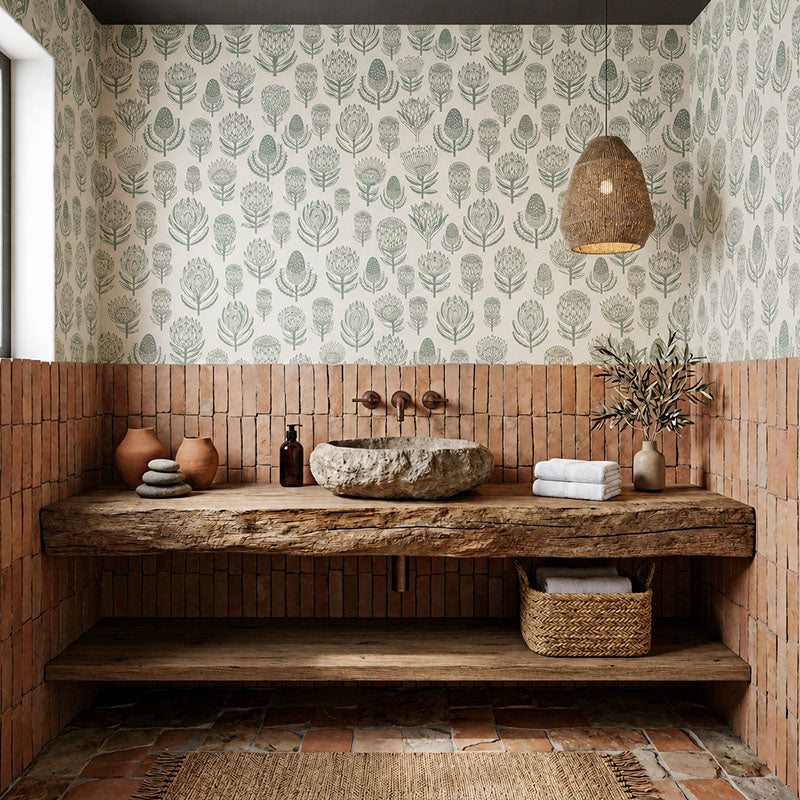 Floral Kingdom- Sage on White Wallpaper