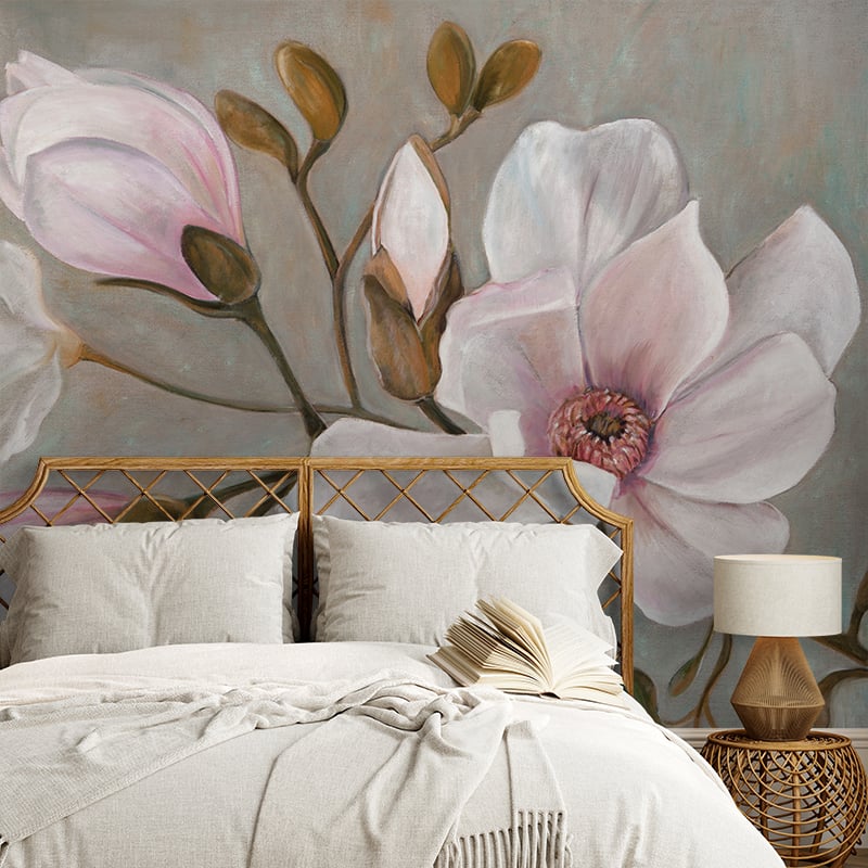 Magnolias on Linen Wallpaper