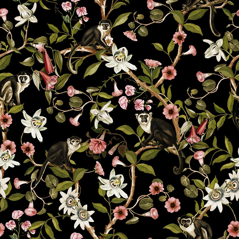 Monkeys and Lotus Flowers – Black Wallpaper