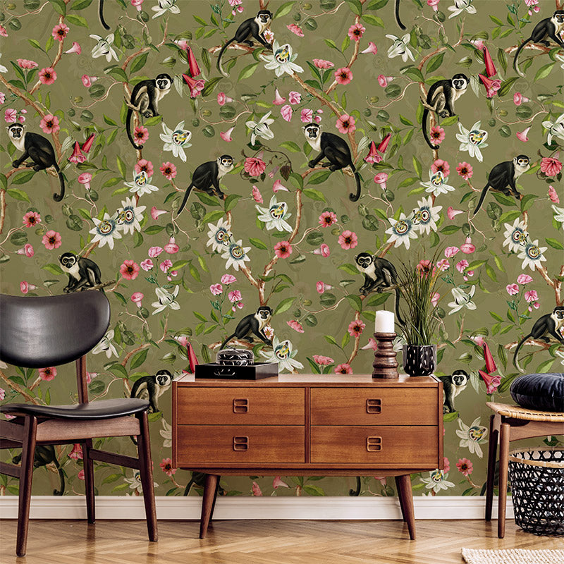 Monkeys and Lotus Flowers – Sage Wallpaper