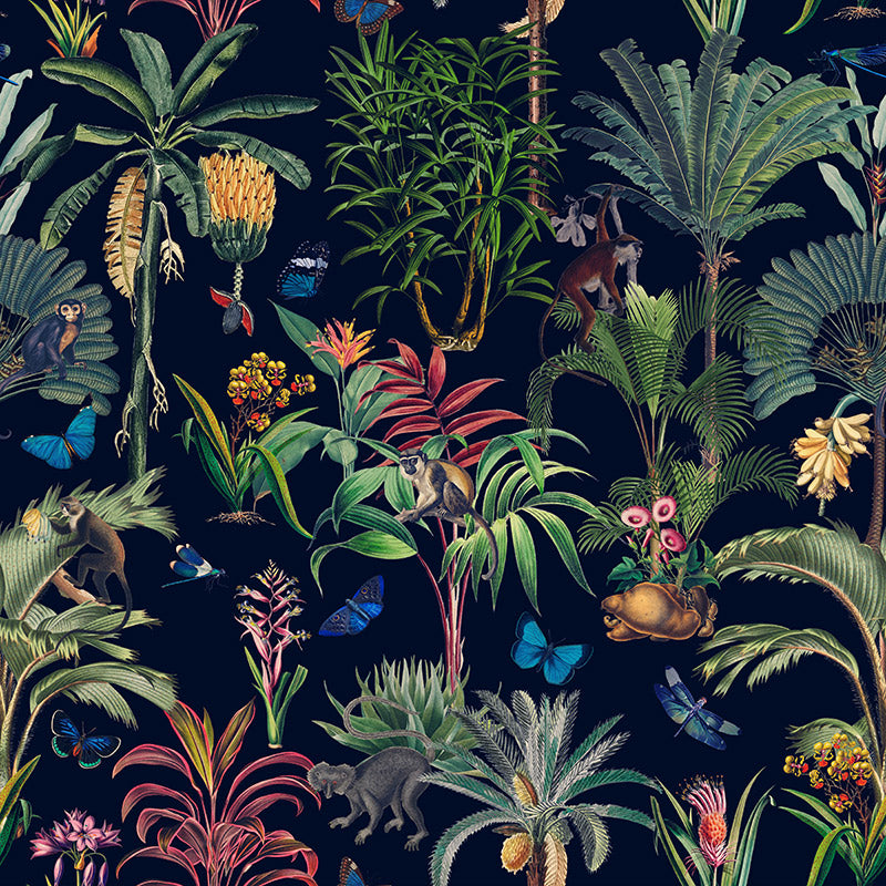 Monkeys and Butterflies in Jungle – Navy Wallpaper