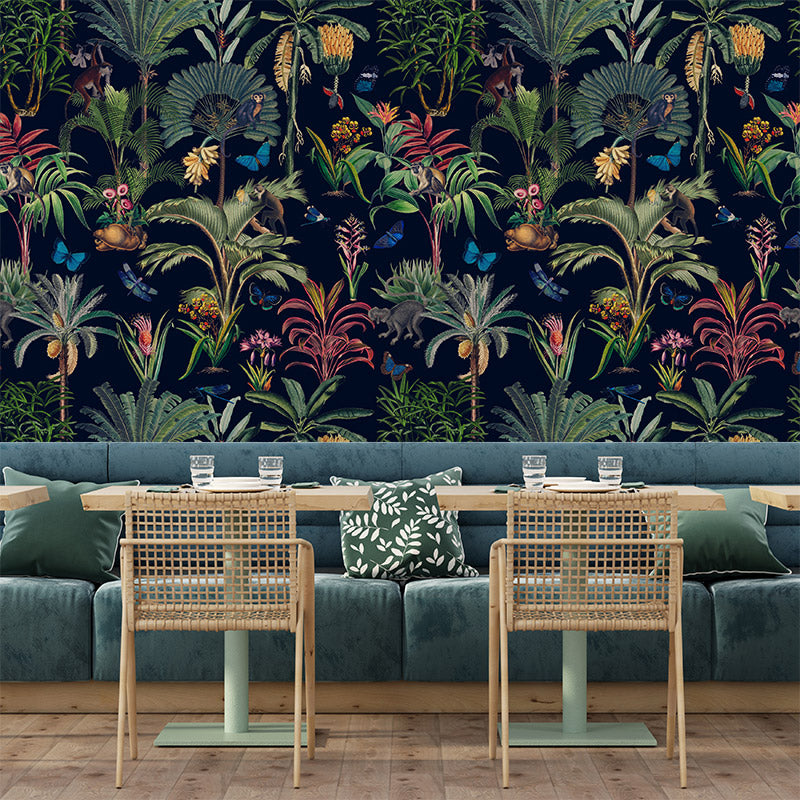 Monkeys and Butterflies in Jungle – Navy Wallpaper