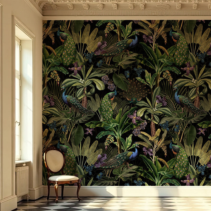 Peacocks and Petals – Black Wallpaper