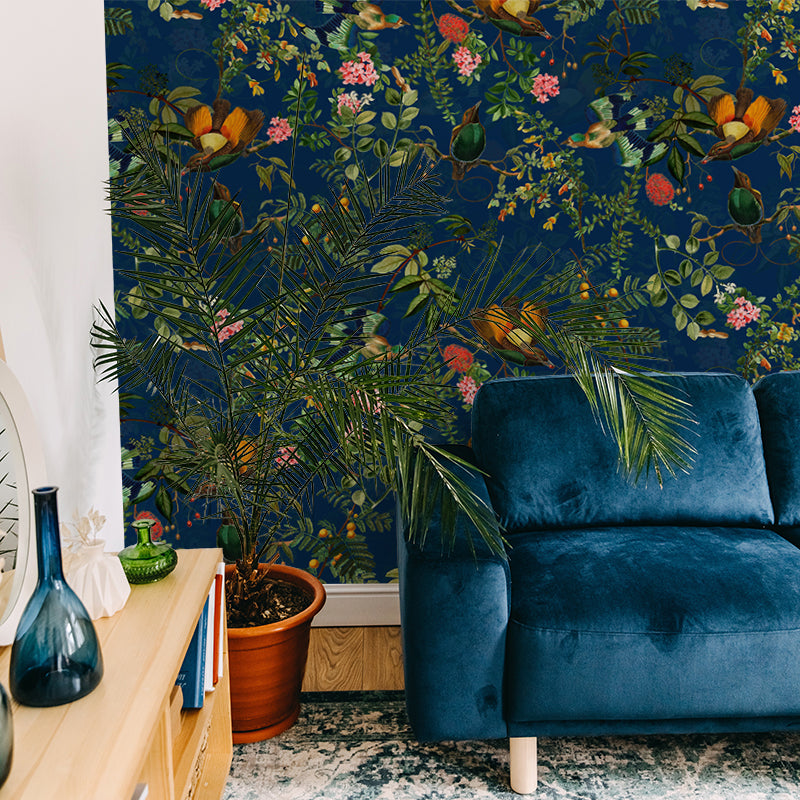 Vintage Tropical Birds Jungle Navy wallpaper