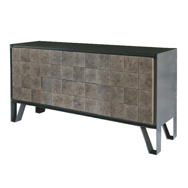 Instomi Metal Side Board by Meyer Von Wielligh. This beautiful Side Board celebrates the uniqueness of timber and tells the story of the tree from which it is made. Using a repeat pattern of the pith of the tree with a timber or metal surround, this design reveals the lifeblood of the tree while the end grain allows us to calculate the age.