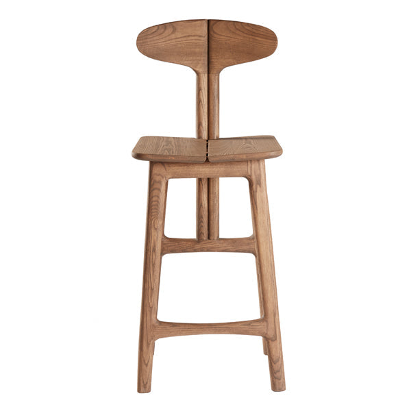 Leaf Barstool by Meyer Von Wielligh. This unique barstool is made of oak with a mid-brown stain. This Leaf Range is inspired by the organic lines found throughout nature and the forests and lush landscape of the Garden Route, offering a fresh silhouette in each piece with playful yet contemporary lines.