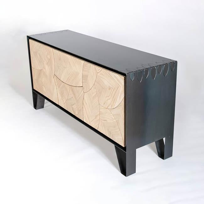 Leaf Sideboard by Meyer Von Wielligh. Part of the Leaf Range and inspired by the organic lines found throughout nature, the Leaf Sideboard is made up of a scalloped pattern of leaf-shaped, textural wooden panels, that sit either within a metal or a timber surround.