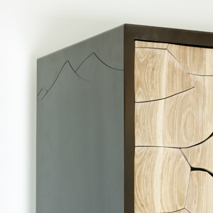Mud Drinks Cabinet by Meyer Von Wielligh. Inspired by the cracked mud plates found on the dry riverbed of Sossusvlei in Namibia, Abrie’s homeland. The metal or timber surround of the cabinet is cleverly extended into a silhouette of the branches of a tree that is also recessed handle grips for the doors. 