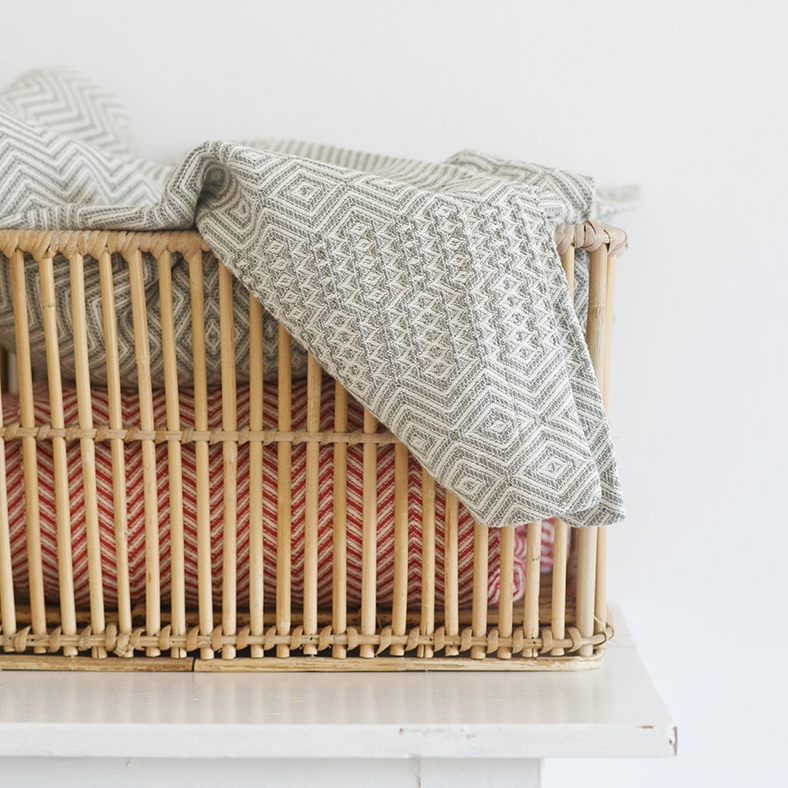 SMOKE BAKUBA THROW by Mungo Design. A bold and vibrant, yet elegant and sophisticated design. Perfect as a bed or couch throw. Made from 100% cotton grown in Swaziland. Designed & woven in South Africa.