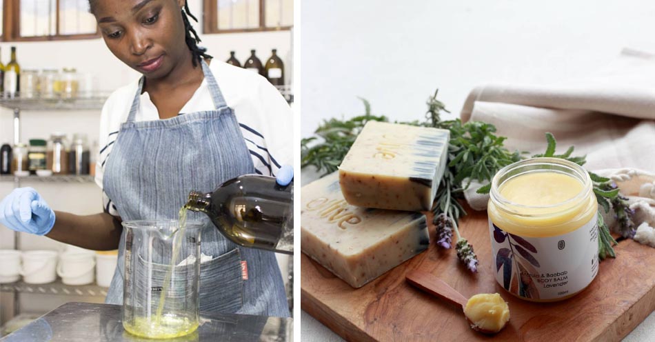 Sipho and Zikhona Tefu’s company, O’live Handmade Soaps makes handmade, all-natural bath and body products from high quality olive oil, shea butter & coconut oil.  The business makes natural soaps, body butters, oils & massage candles. Available at Sarza 