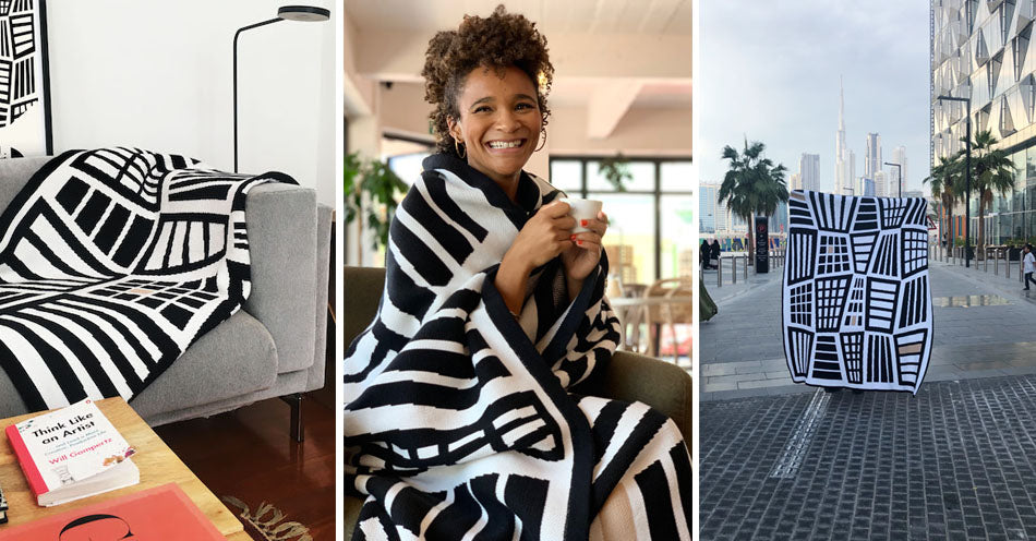Three images of Something Good Studio blankets and throws. One styled in a living room, one being worn by a model, the other being held up in a city. Something Good home décor products are available at Sarza home goods and furniture store in Rye New York