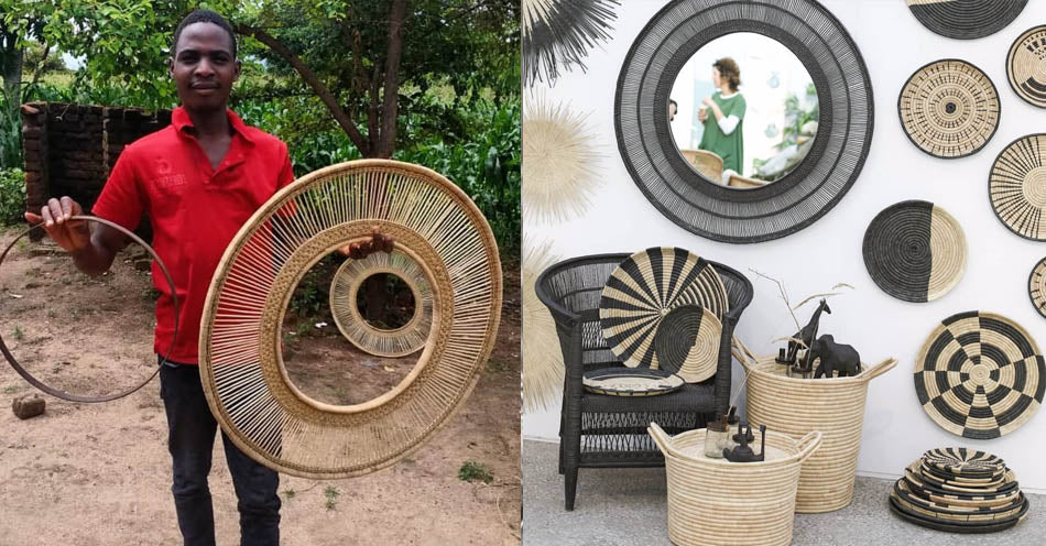 A People of the Sun artisan in Malawi holding up a hand-woven mirror design. Alongside him is a selection of People of the Sun home goods and décor pieces such as Malawi chairs, mirrors and baskets.