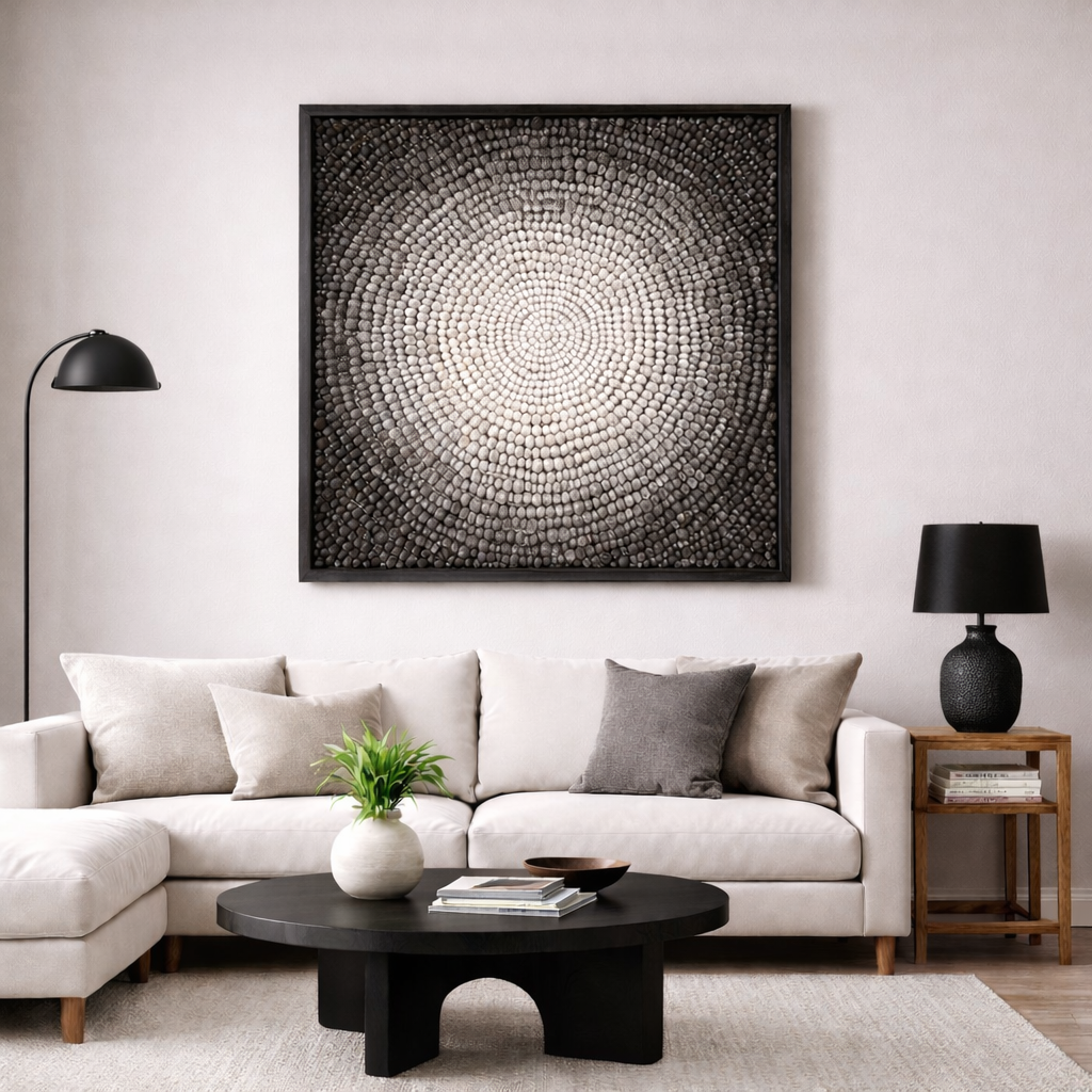 Spiral ombre clay bead artwork in black frame