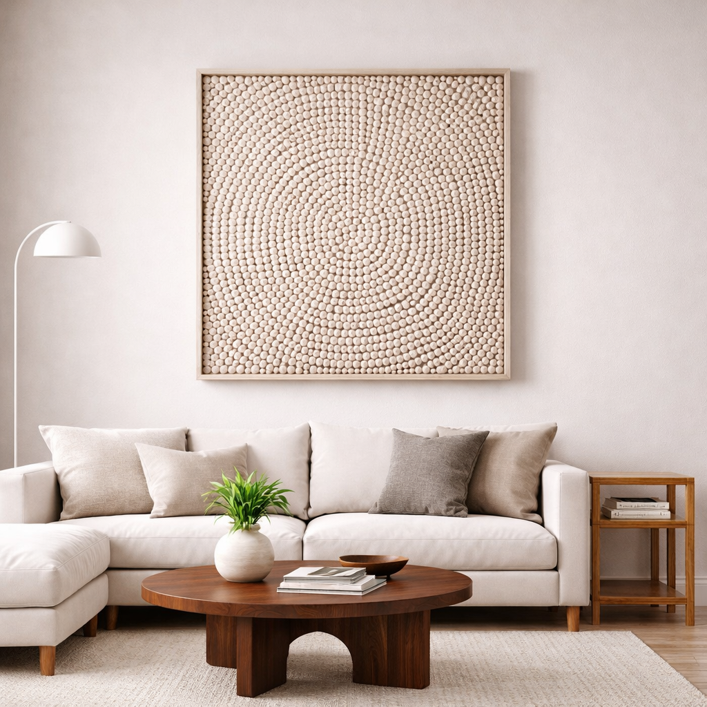 Spiral ivory clay bead artwork in white frame