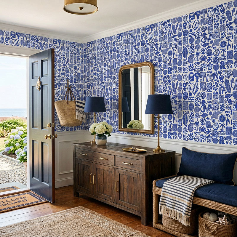 Africa Deep- Blue on White Wallpaper