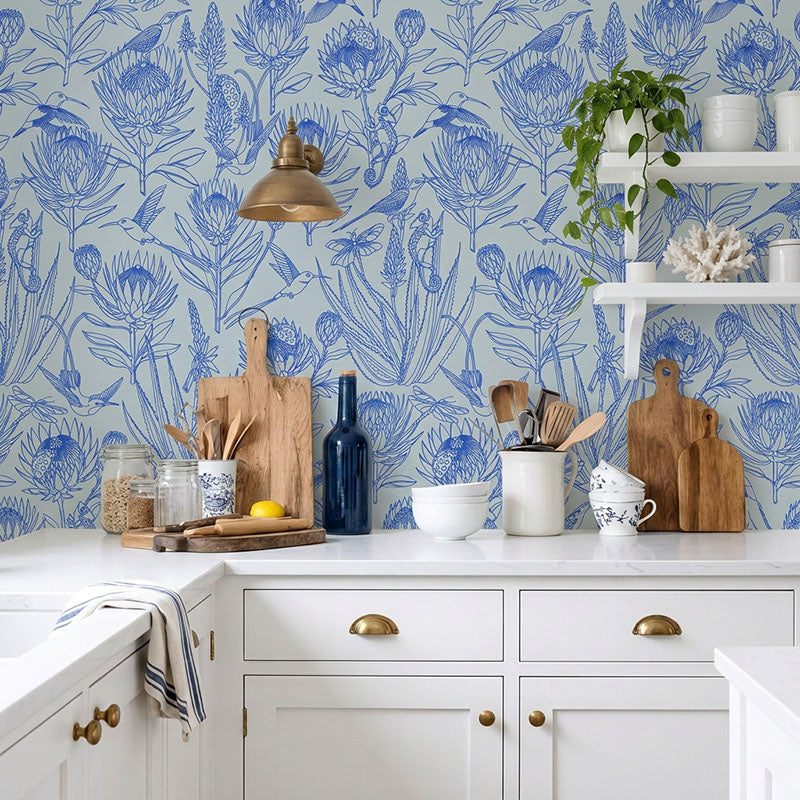 Bloom Essence- Blue on Light Blue Wallpaper