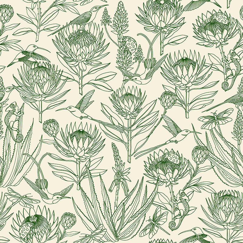 Bloom Essence- Olive on Cream Wallpaper