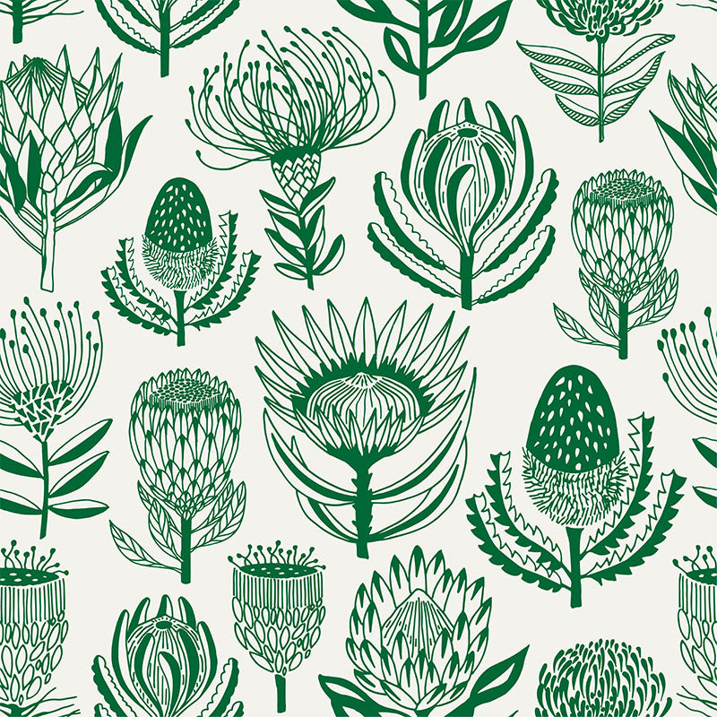 Floral Kingdom- Green on White Wallpaper