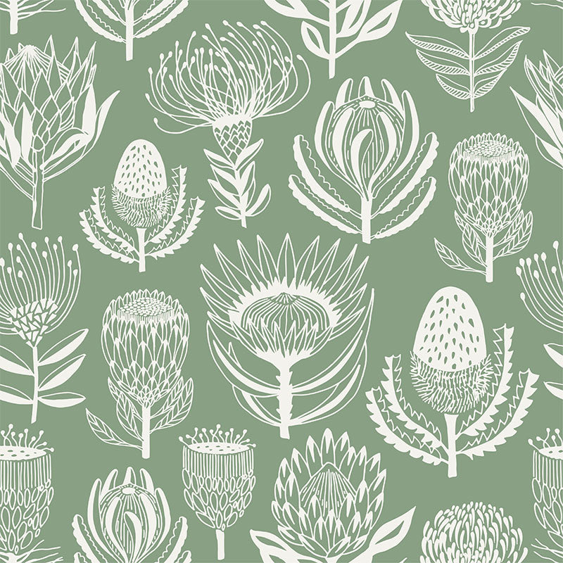 Floral Kingdom- White on Sage Wallpaper