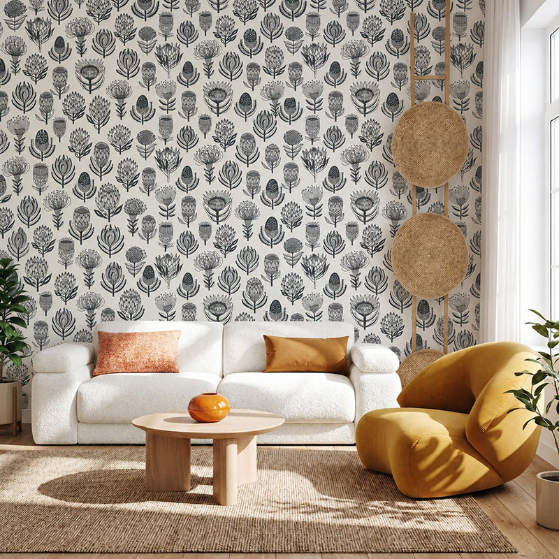 Floral Kingdom- Grey on White Wallpaper