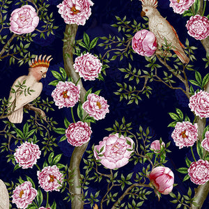 Cockatoos in Chinoiserie Garden Navy wallpaper