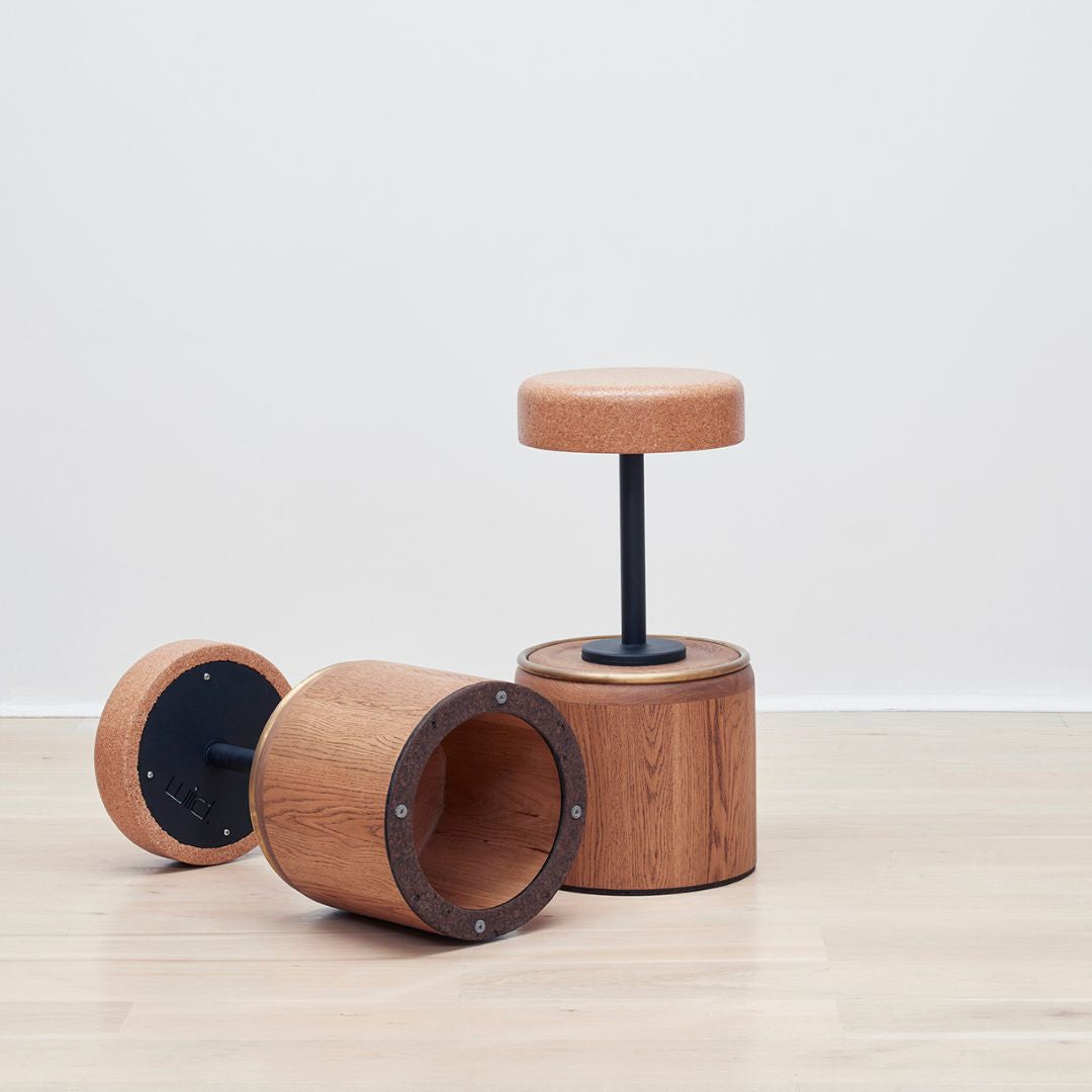 Cork steel & oak stool duo.jpg