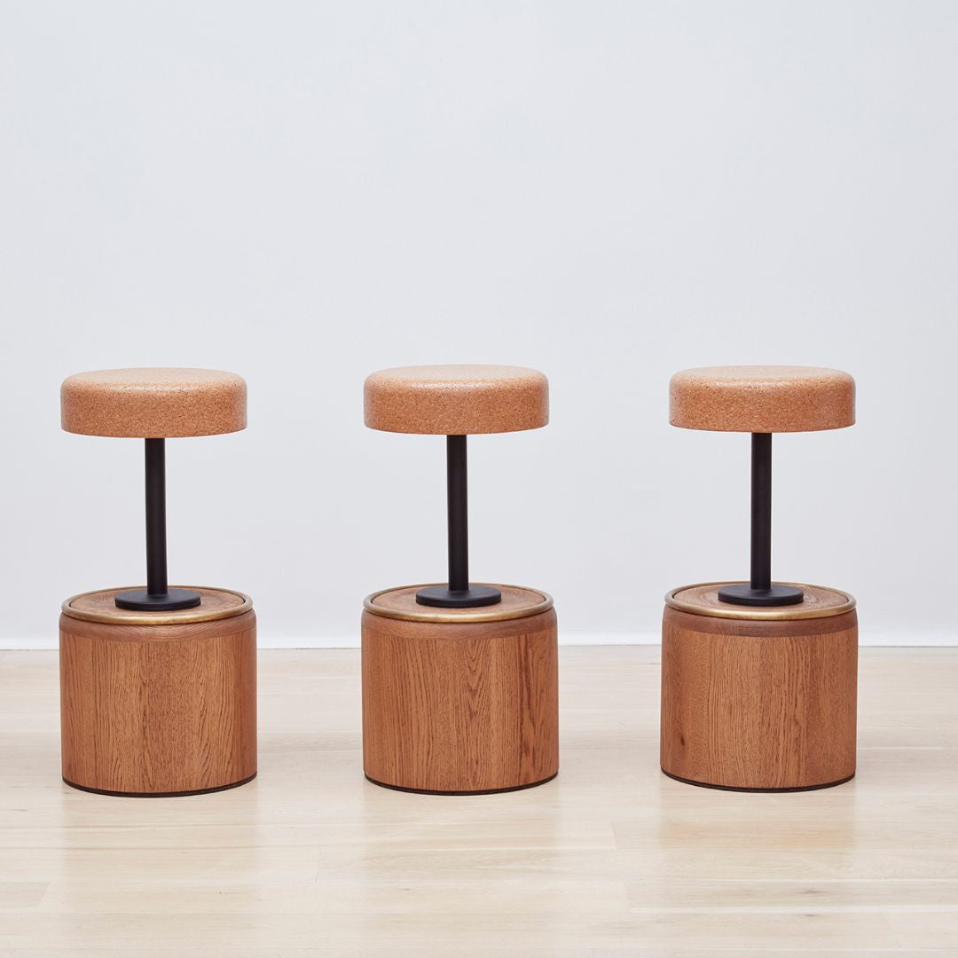 Cork steel & oak stool trio.jpg