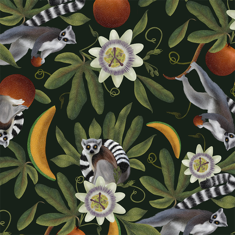 Lemur and Passion Flower Deep Green wallpaper