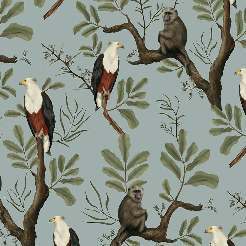 Fish Eagle and Baboon Dusty Blue wallpaper