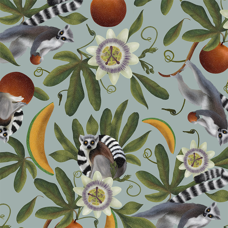 Lemur and Passion Flower Dusty Blue wallpaper