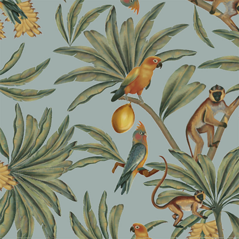 Monkey and Parrot Dusty Blue wallpaper