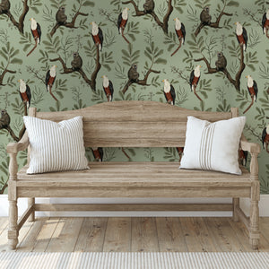 Fish Eagle and Baboon Dusty Green wallpaper