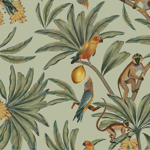 Lemur and Passion Flower Dusty Green wallpaper