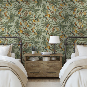 Monkey and Parrot Dusty Green wallpaper