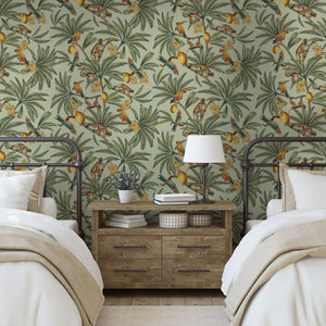 Lemur and Passion Flower Dusty Green wallpaper