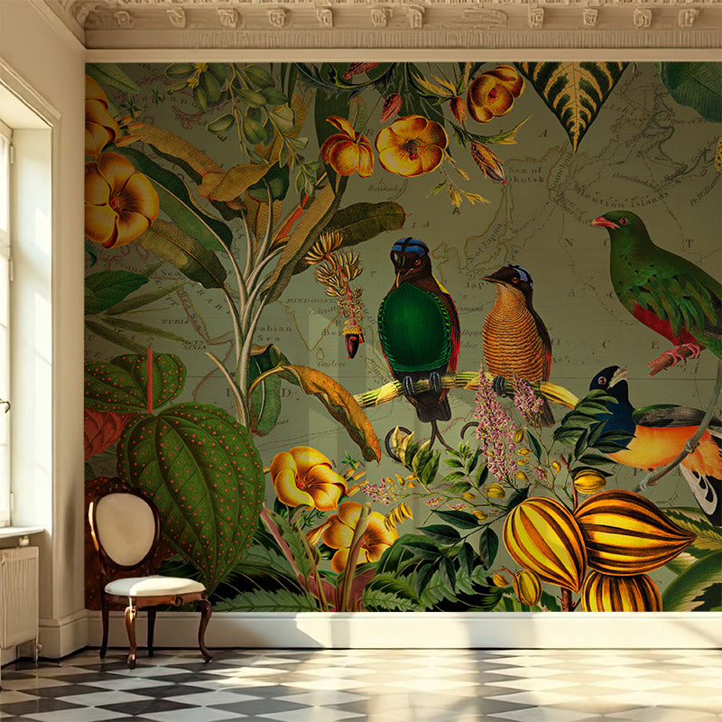 Green Tropical Birds with Yellow Flowers Wallpaper