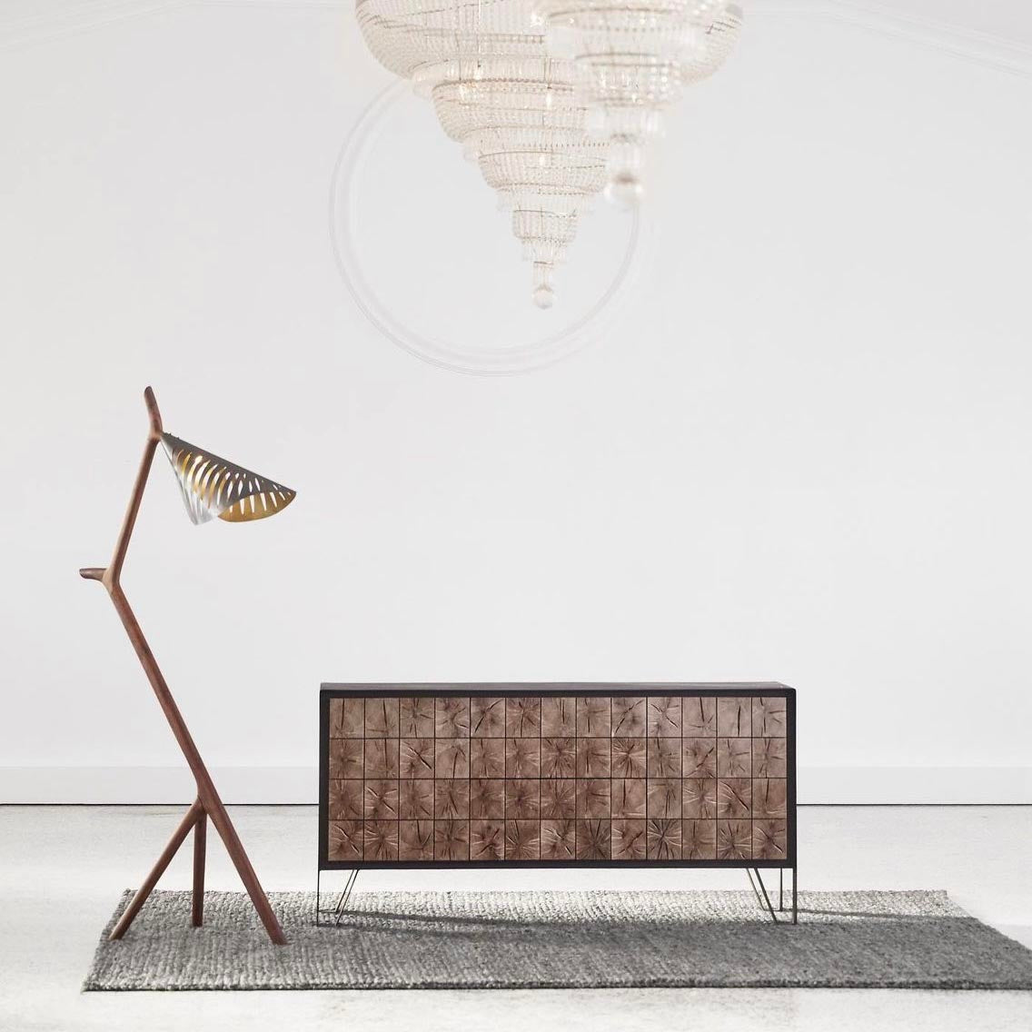 Leaf Standing Lamp by Meyer Von Wielligh. The whimsical Leaf Standing Lamp is inspired by nature. Available in different timbers with a striking, laser cut black metal lamp shade. 