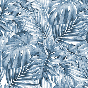 Lush Leaf Blue and White Wallpaper