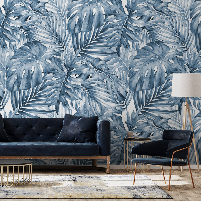 Lush Leaf Blue and White Wallpaper