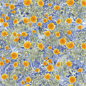 Marigold Blooms on Blue Delft wallpaper