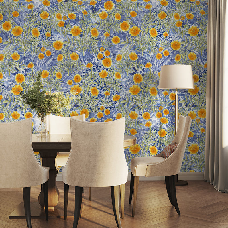 Marigold Blooms on Blue Delft wallpaper