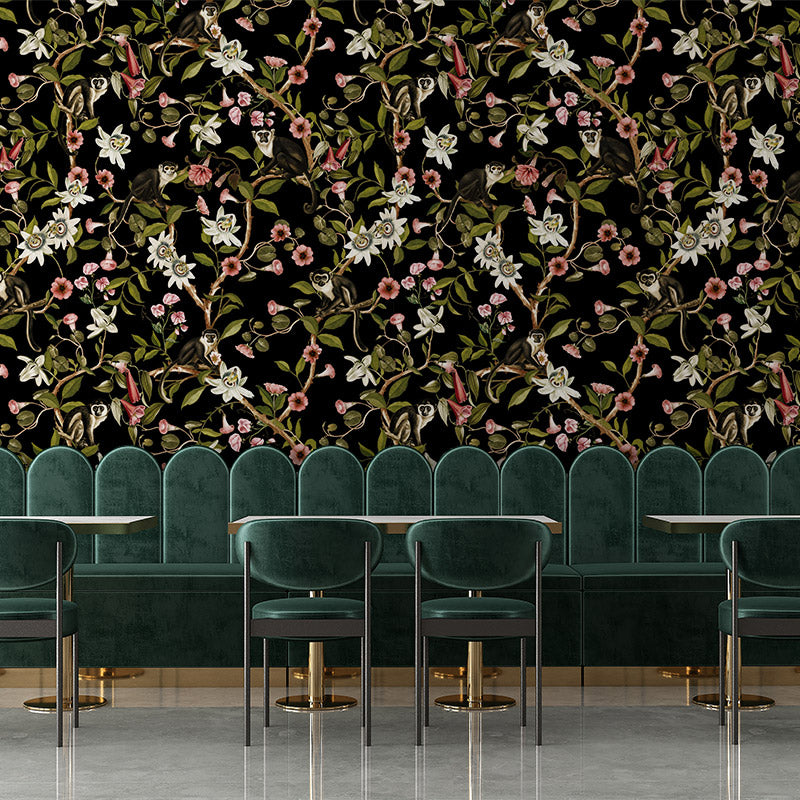 Monkeys and Lotus Flowers – Black Wallpaper