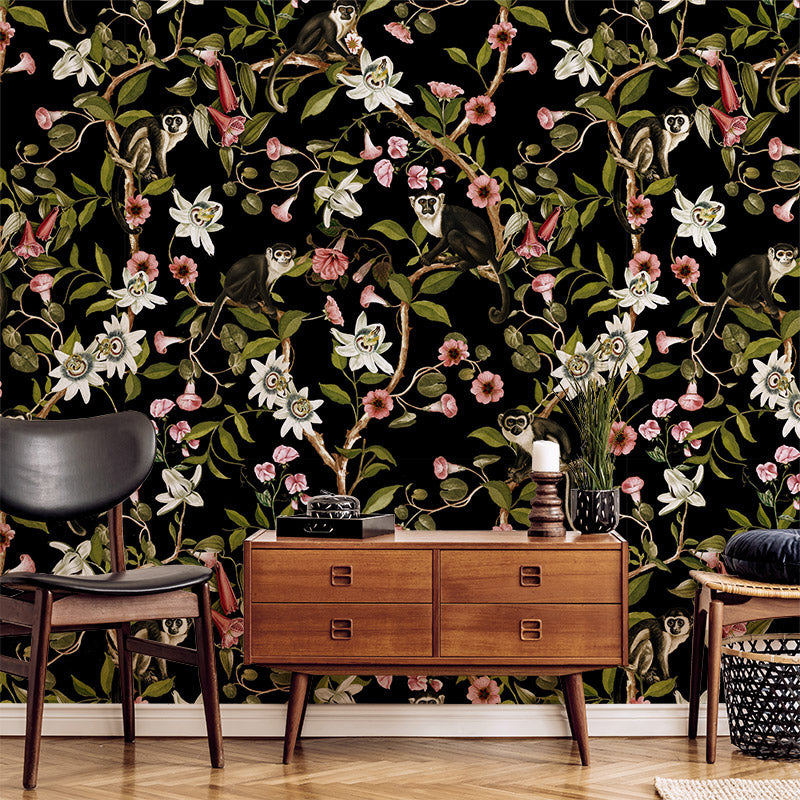 Monkeys and Lotus Flowers – Black Wallpaper