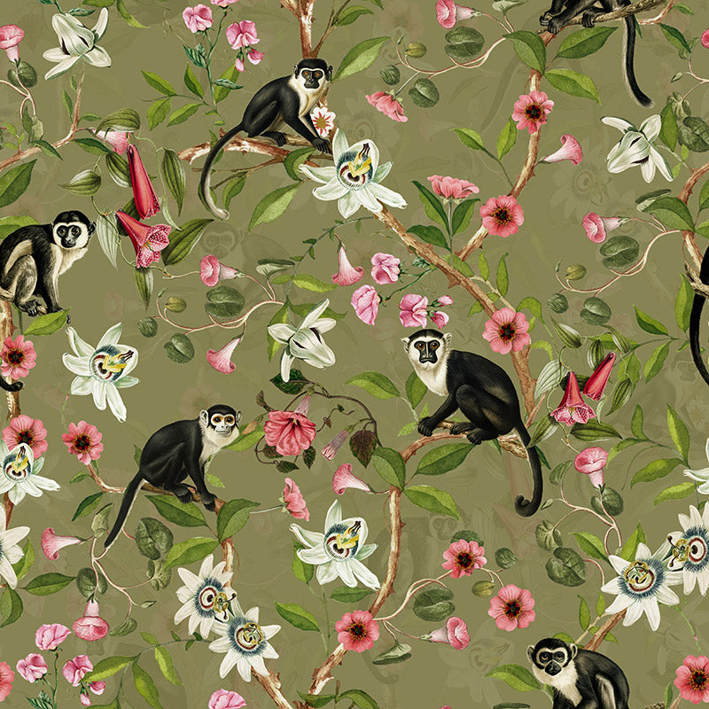 Monkeys and Lotus Flowers – Sage Wallpaper