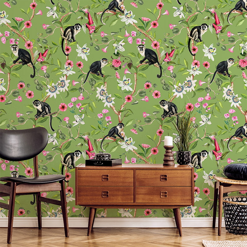 Monkeys and Lotus Flowers – Avocado Wallpaper