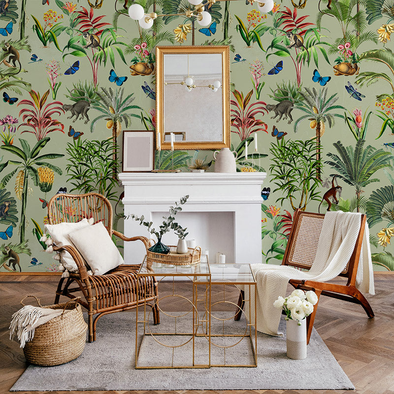 Monkeys and Butterflies in Jungle – Green Wallpaper