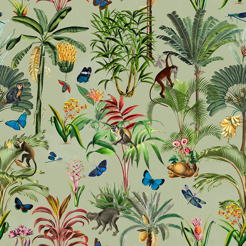 Monkeys and Butterflies in Jungle – Green Wallpaper